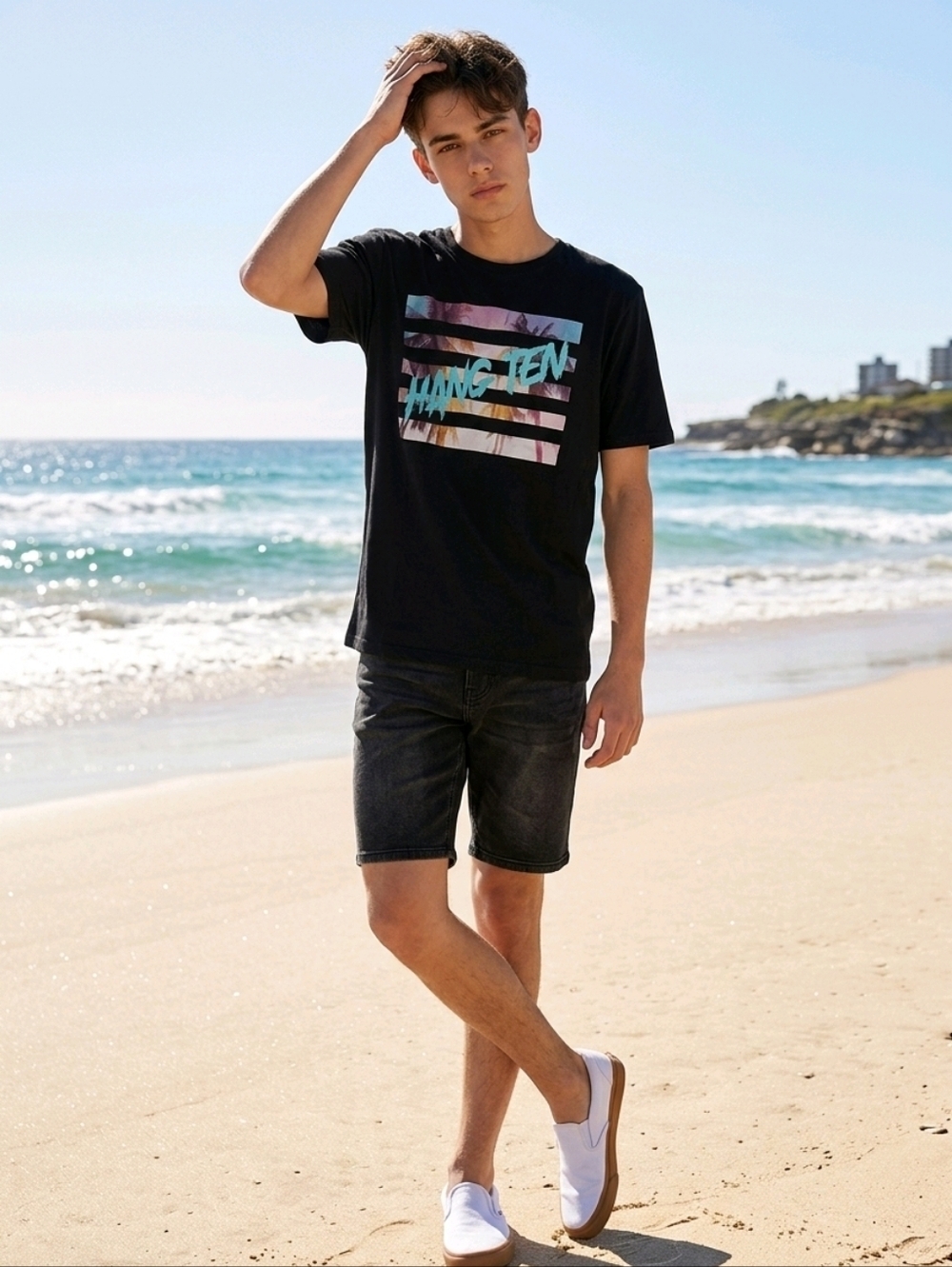 NWT Boys' Hang Ten Black Graphic Tee with Tropical Stripe Print